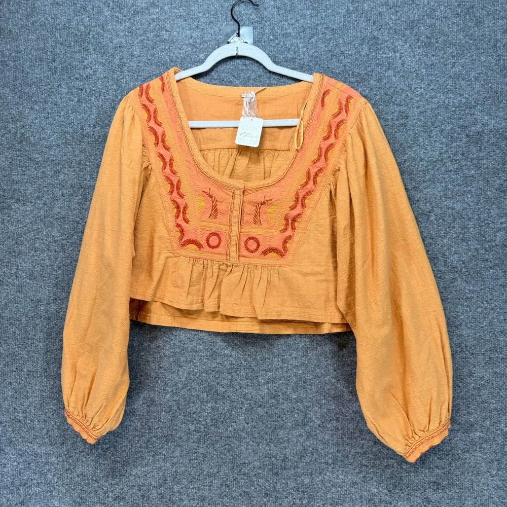 Free People Crop Top Women Small Orange Embroidered Boho‎ Ren Faire Fairy NEW